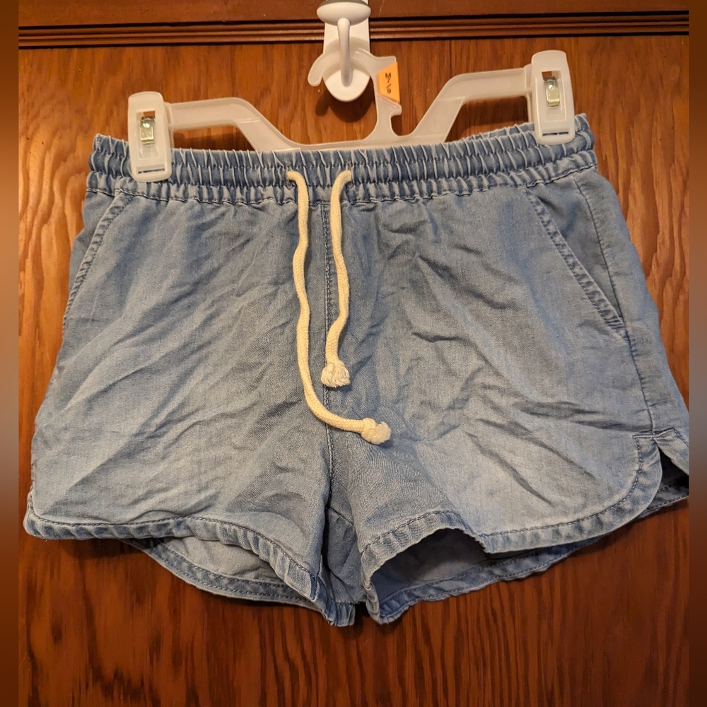 Faux denim short shorts with elastic waist and tie, size XS